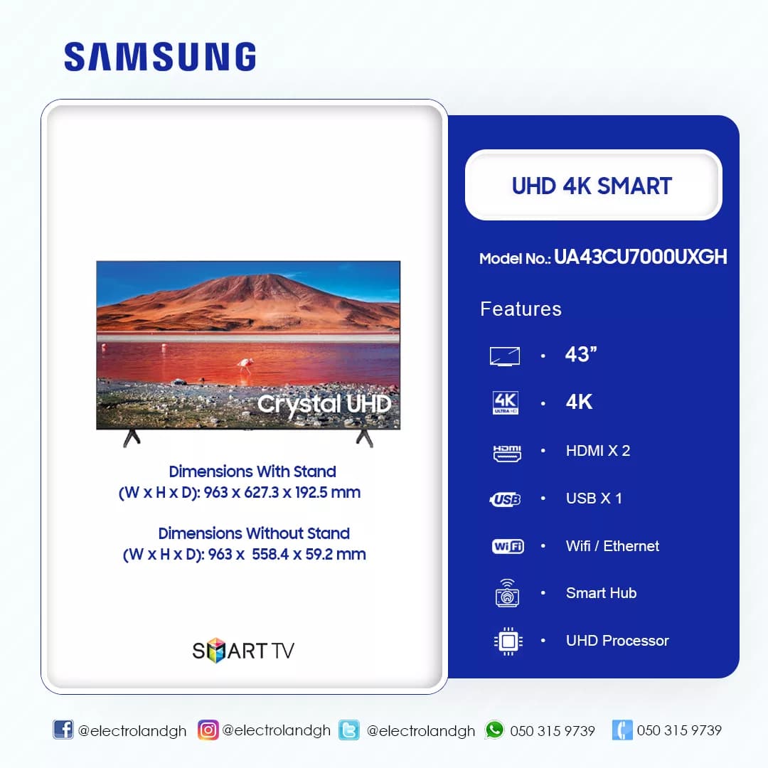 Samsung Uhd Smart 4k 43Inch Led Fhd TV Ua43cu7000uxgh