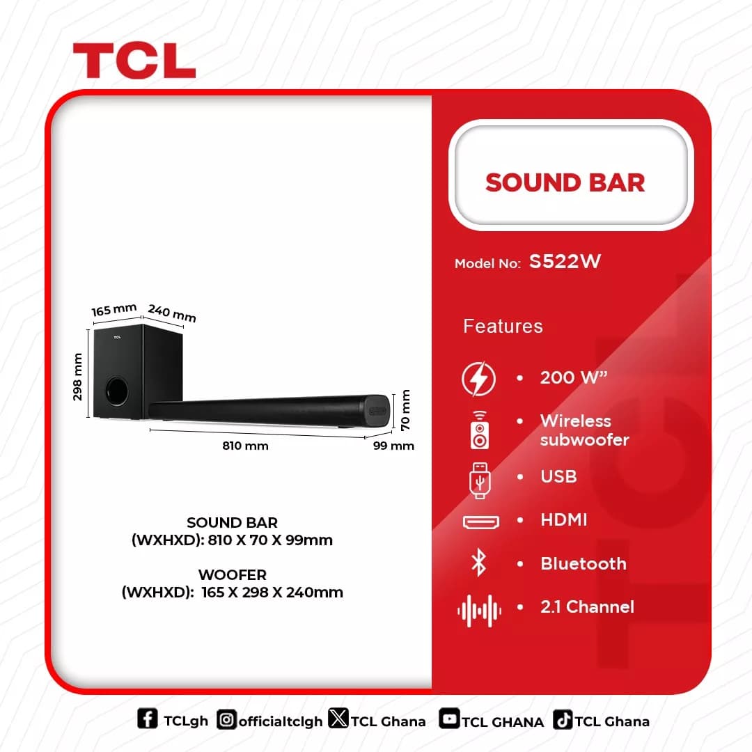Tcl Audio 2.1 Channel Soundbar 200w S522w in Ghana