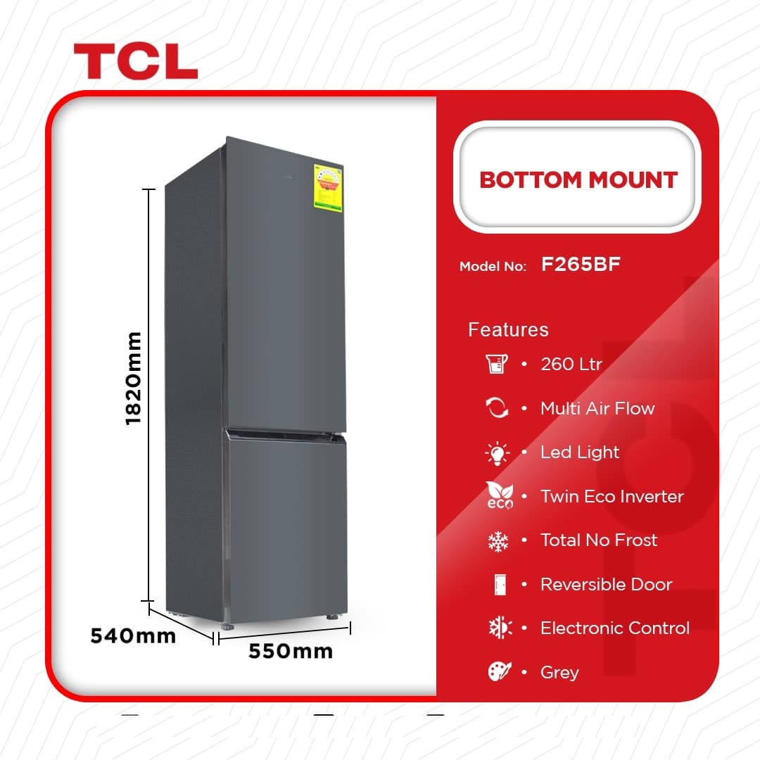Tcl Bottom Mount Fridge 260ltrs Double door F265bf