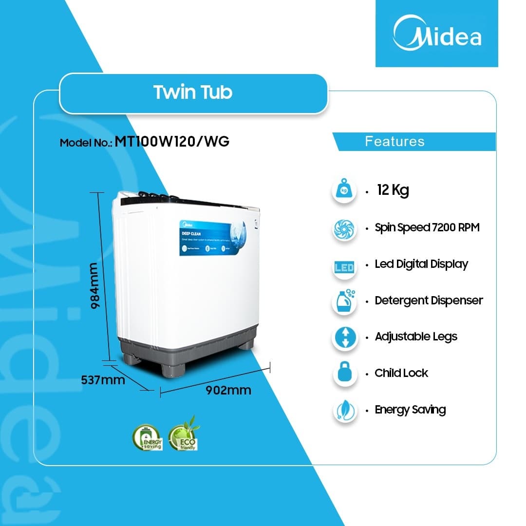 Midea 12kg Twin Tub Washing Machine Mt100w120/Wg