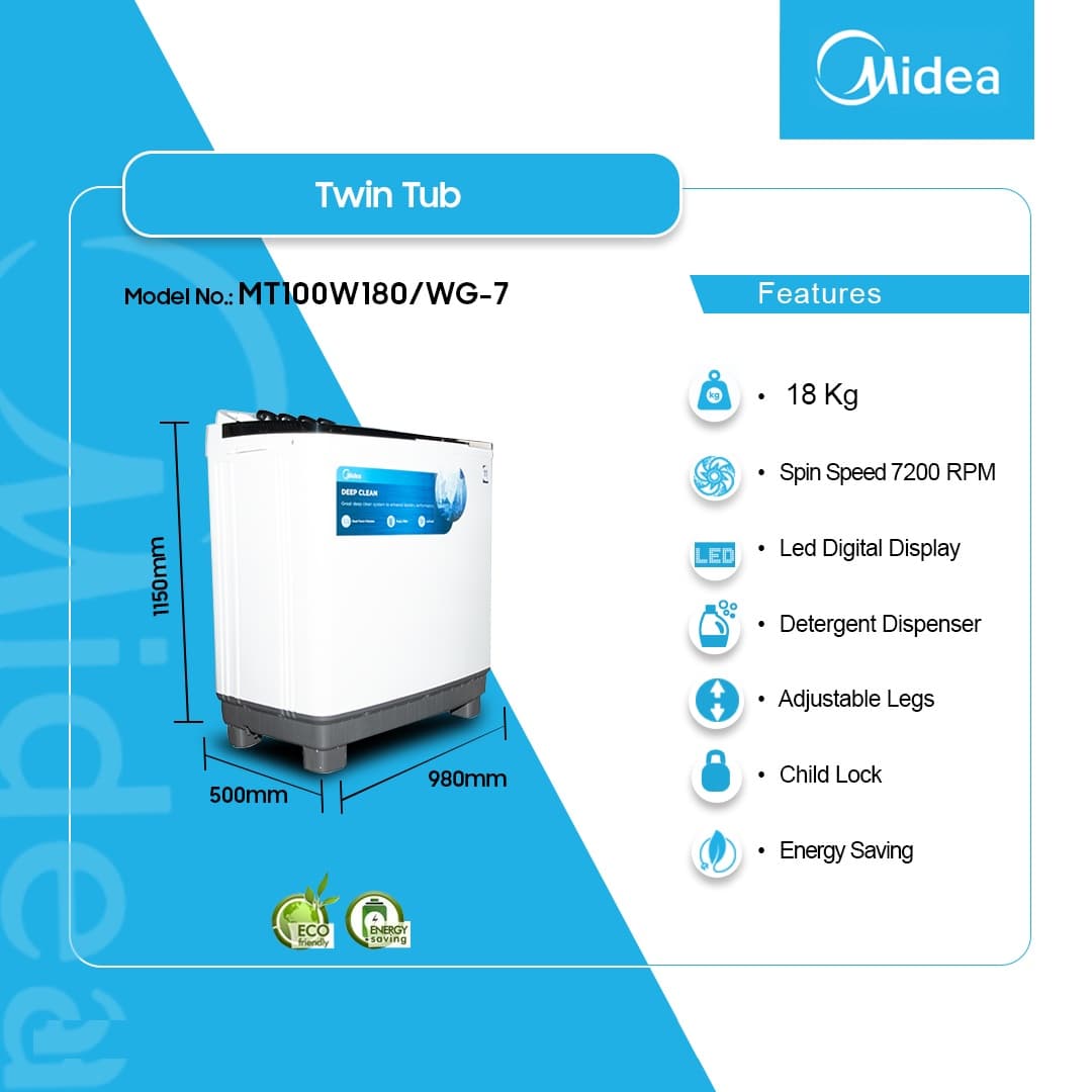 Midea 18kg Twin Tub Washing Machine Mt100w180/Wg 7