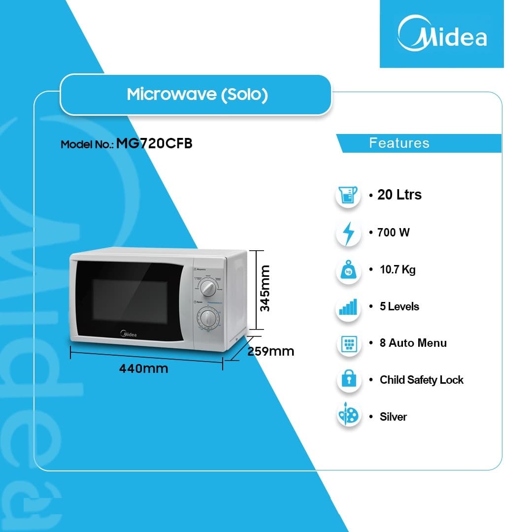 Midea 20ltr Grill Microwave Silver Mg720cfb