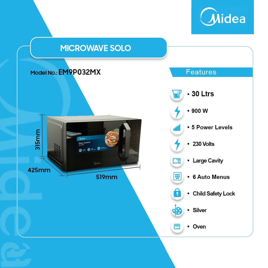 Midea 30ltr 900w Solo Microwave With Oven Em9p032mx