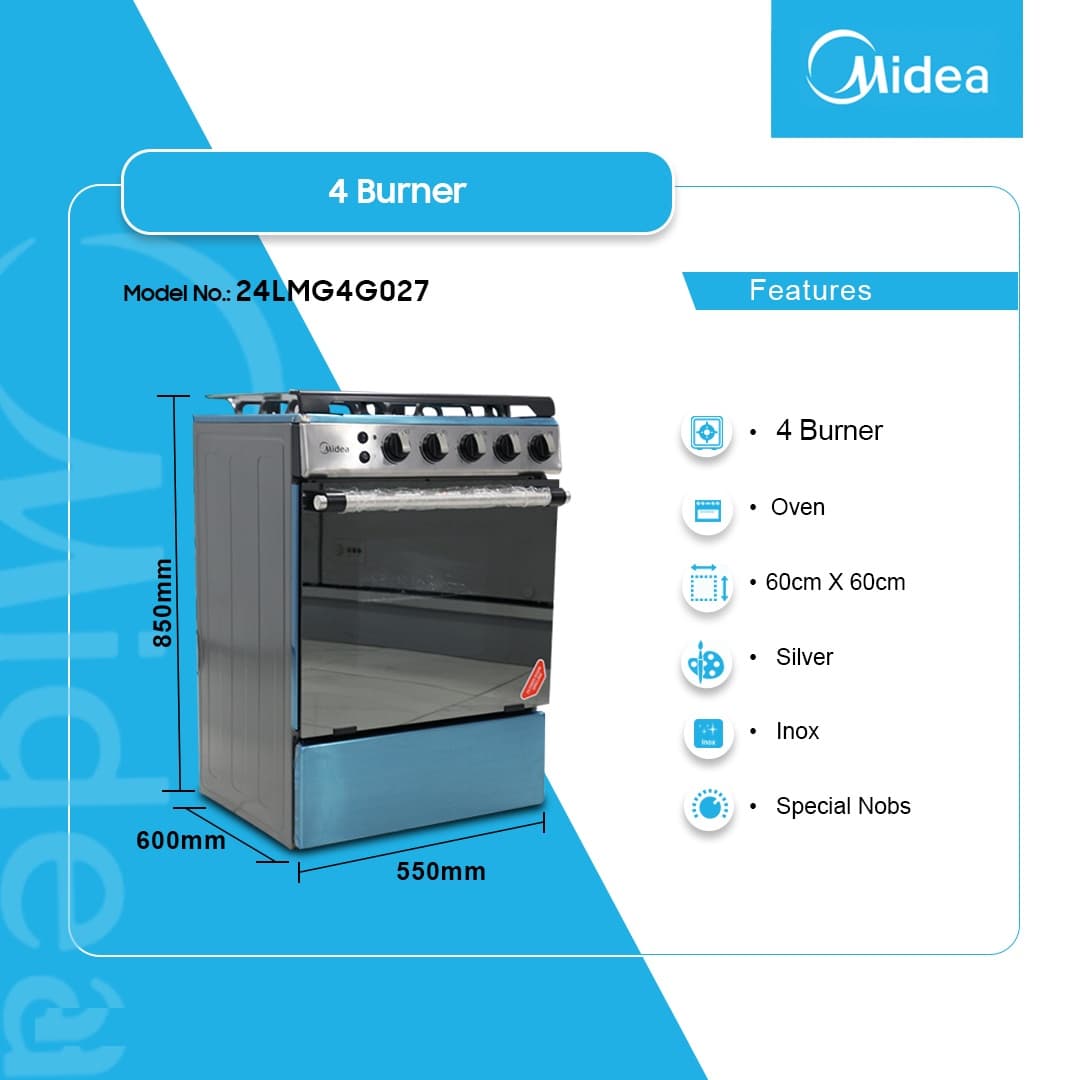 Midea 4 Burner Gas Cooker Silver 24lmg4g027