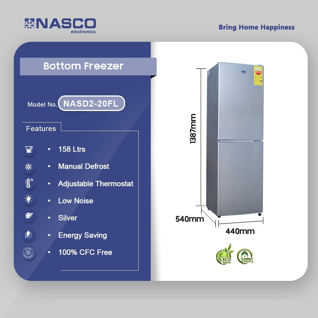 Nasco 158ltr Bottom Freezer Refrigerator Nasd2-20fl