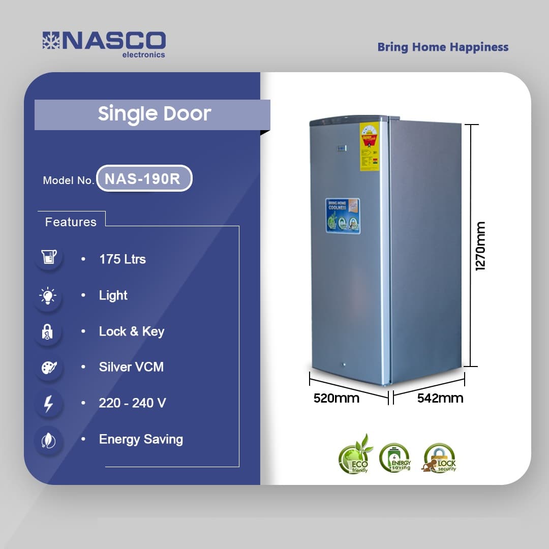 Nasco 175ltr Single Door Refrigerator Nas-190r