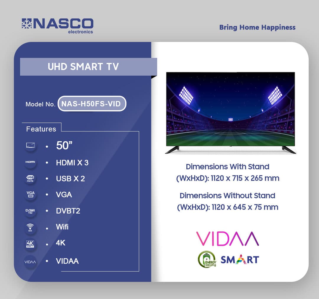 Nasco 50”Uhd Smart Flat Vidaa Nas-H50fs-Vid