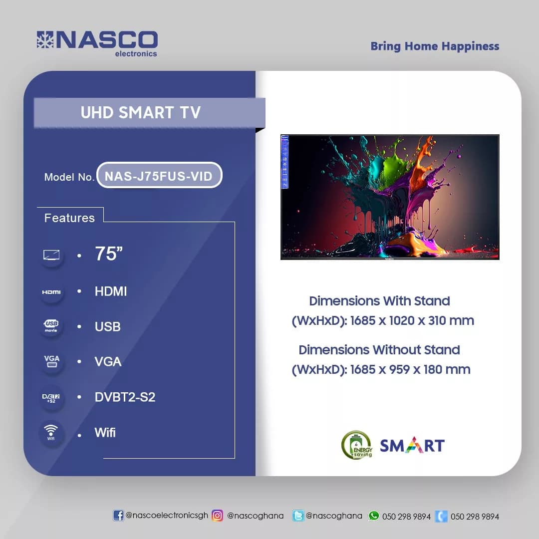 Nasco 75″ Uhd Smart Flat Tv Nas J75fus Vid