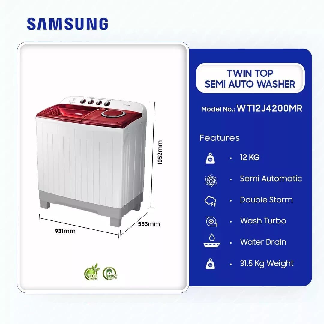 Samsung 12kg Twin Top Semi Auto Washer Washing Machine Wt12j4200mr
