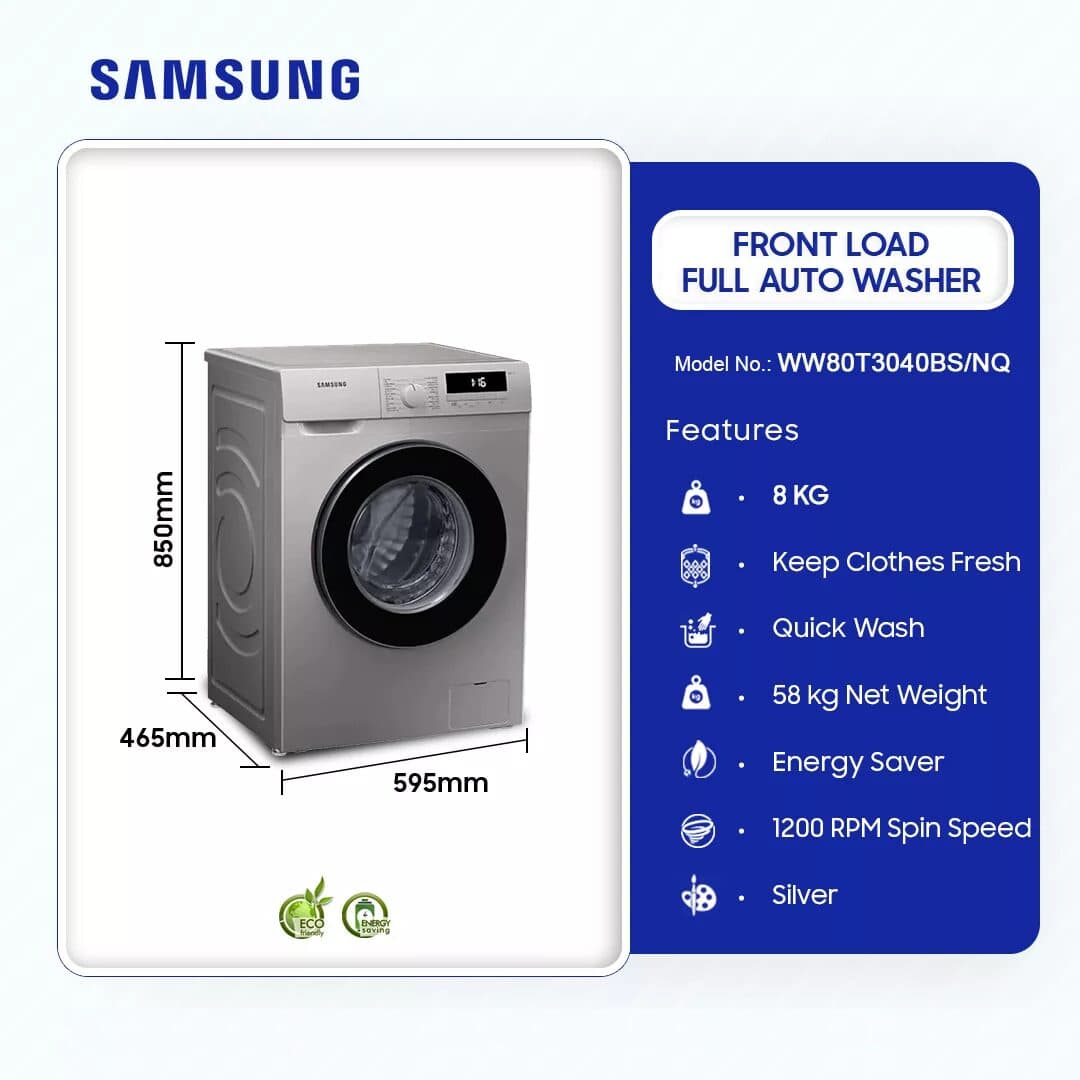 Samsung 8kg Front Load Full Auto Washer Washing Machine Ww80t3040bs/Nq