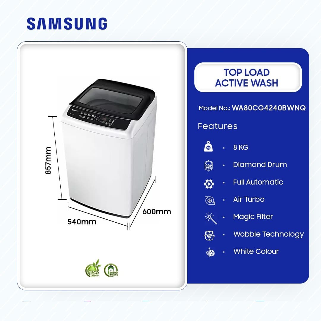 Samsung 8kg Top Load Active Washing Machine Wa80cg4240bwnq