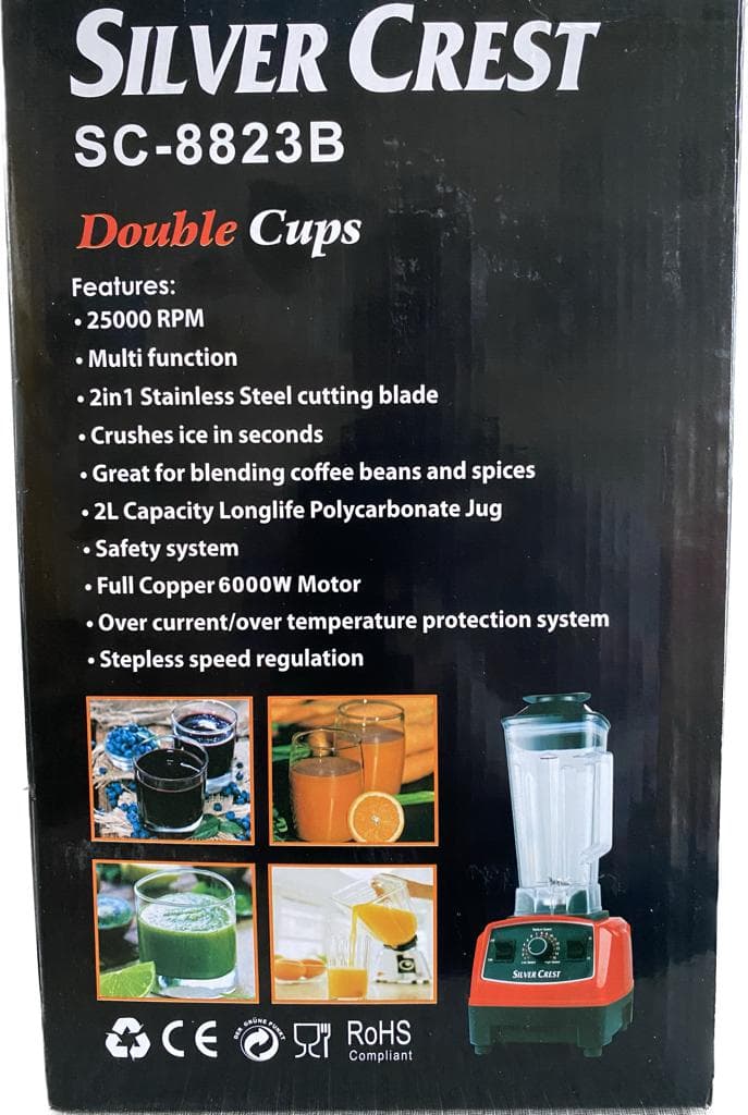 SILVER CREST SC-8823B Double Cup Commercial Blender 6000W with Metal Gears