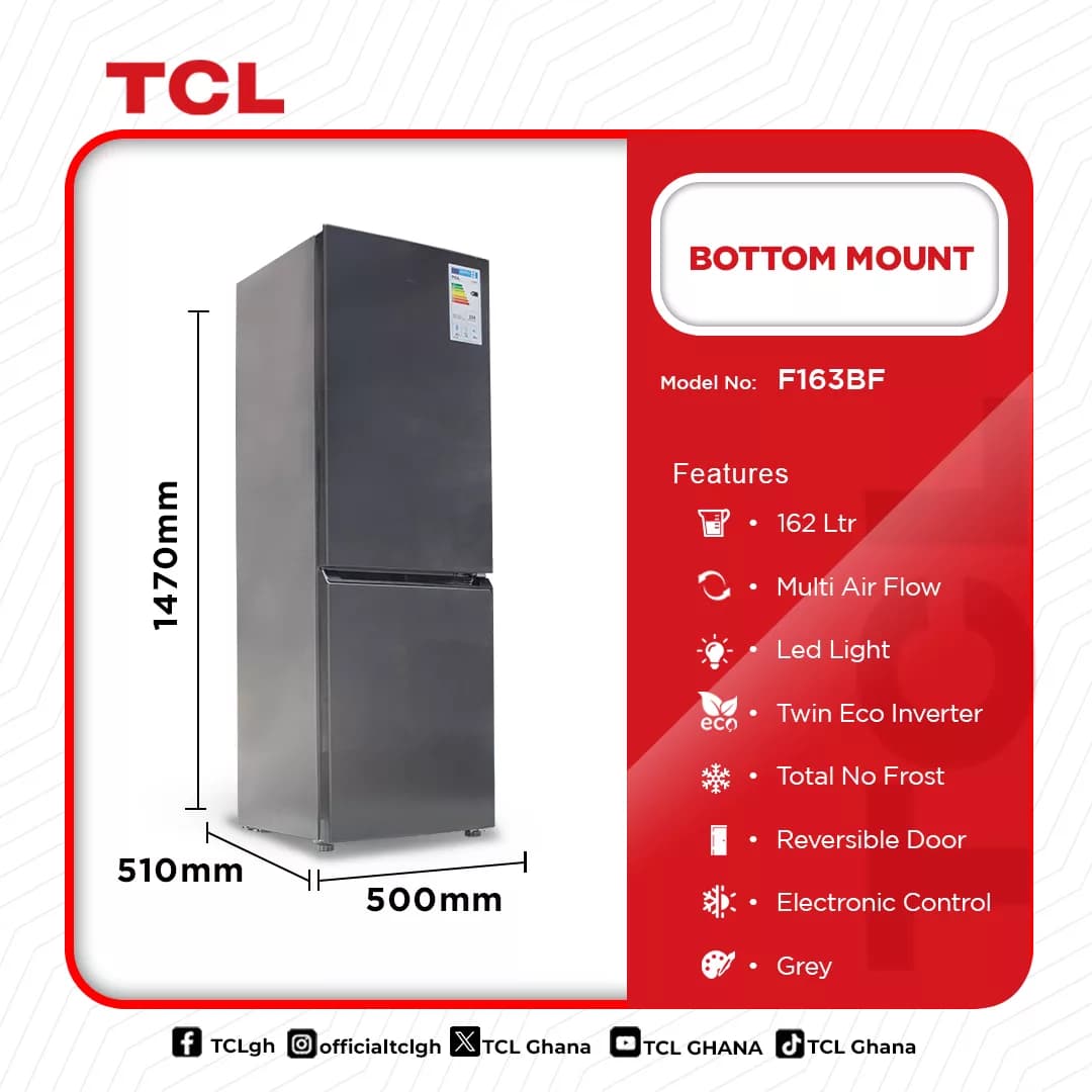 Tcl Bottom Mount Fridge 162ltrs F163bf