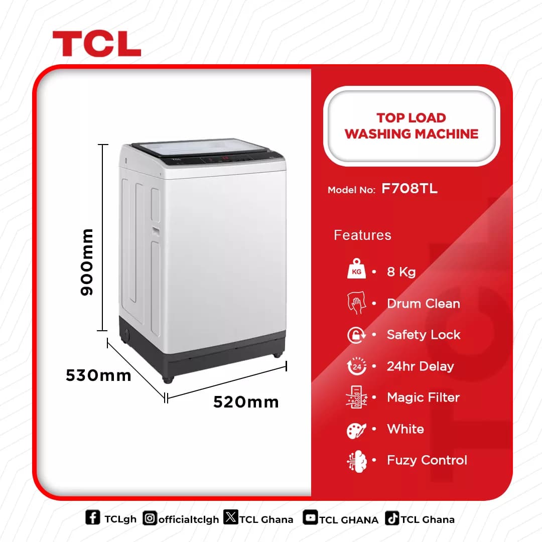 Tcl Top Load Washing Machine 8kg F708tl