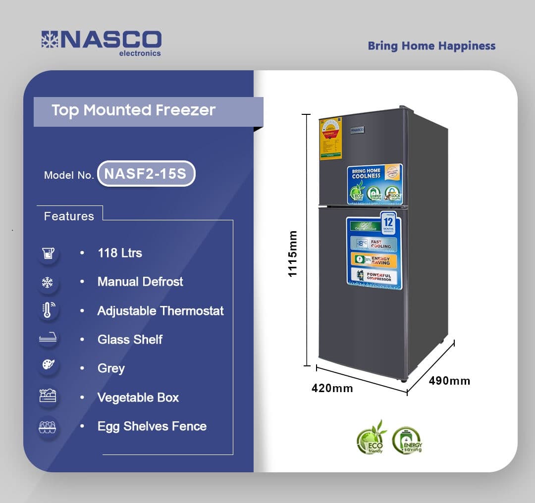 Nasco Fridge Top Freezer 118LTR Silver NASF2-15S