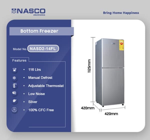 Nasco 116Ltr Bottom Freezer Refrigerator NASD2-14FL