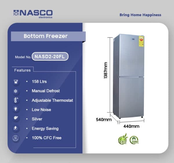 Nasco 158Ltr Bottom Freezer Refrigerator NASD2-20FL