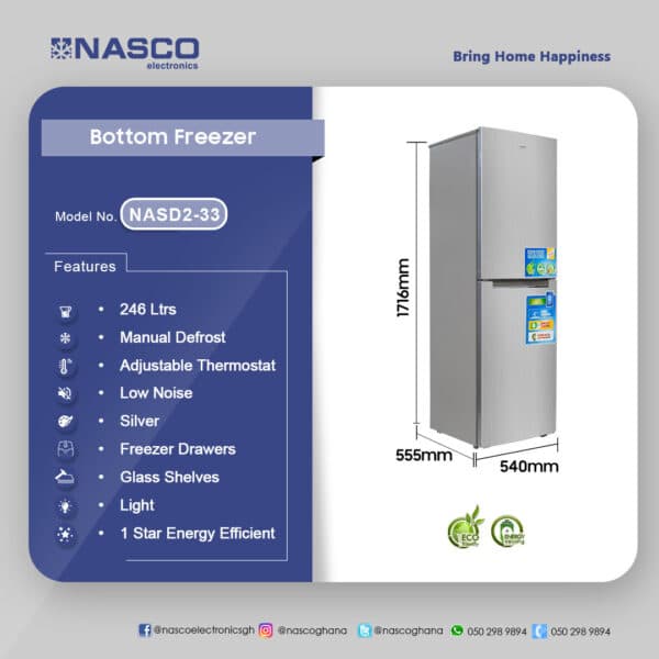 Nasco 246Ltrs Bottom Freezer Refrigerator NASD2-33