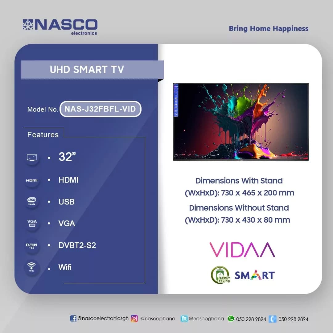 Nasco 32″ UHD Smart Flat Television NAS-J32FBFL-VID