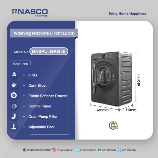 Nasco 6Kg Front Load Wahing Machine NASFL-J6KG-S