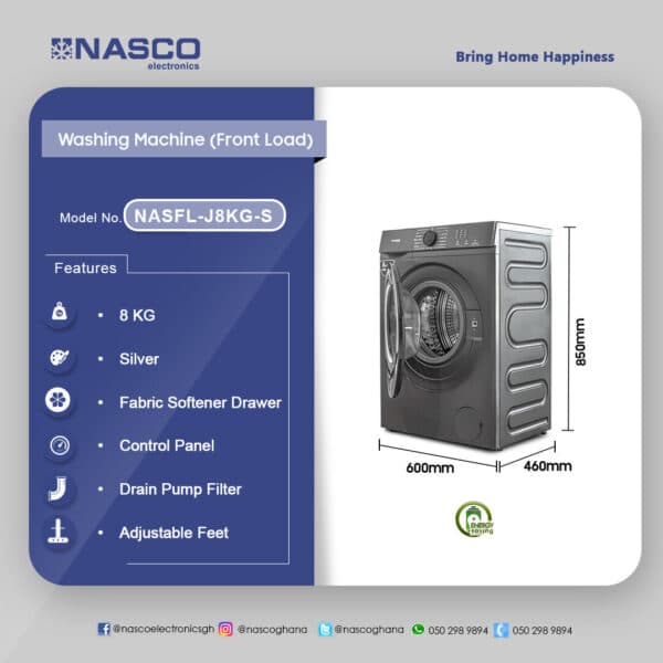 Nasco 8Kg Front Load Washing Machine NASFL-J8KG-S
