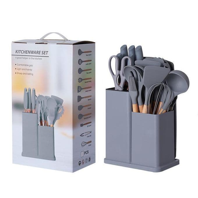 19PCS Silicone Utensil Set With Chopping Board Storage Bucket