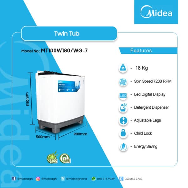 Midea 18KG Twin Top Washing Machine MT100W180/WG-7