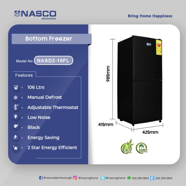 Nasco 106Ltrs Bottom Freezer Refrigerator NASD2-10FL