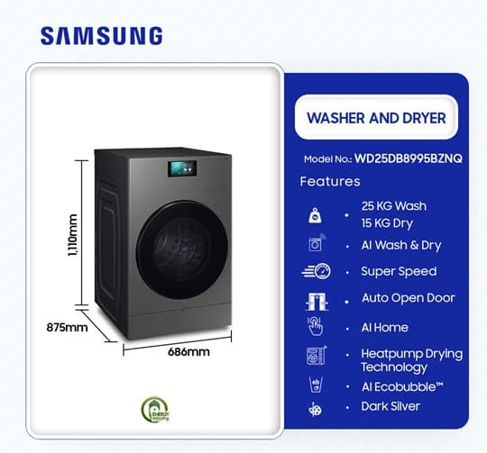 Samsung 25KG Washer And 15KG Dry Bespoke AI Washing Machine Combo WD25DB8995BZNQ