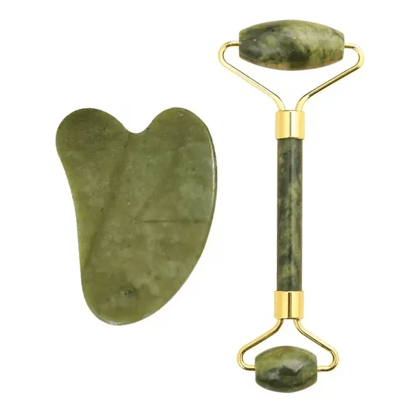 Jade Roller & Gua Sha Facial Massage Set - Face Sculpting & Puffiness Reduction Tool