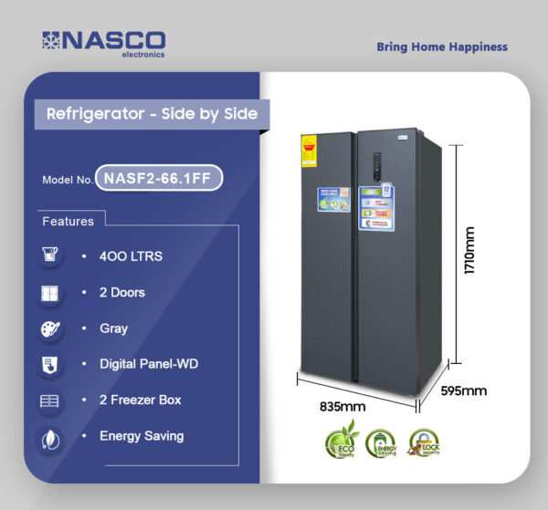 Nasco 400ltr Side By Side Refrigerator Metalic Silver Nasf2 66.1ff 3