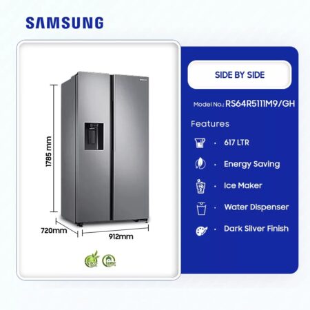 Samsung 617ltr Side By Side Refrigerator Silver Rs64r5111m9/Gh