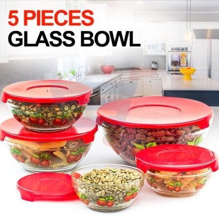 5 Pcs Glass Bowl Set With Plastic Lids Food Storage Serving - Microwave Safe