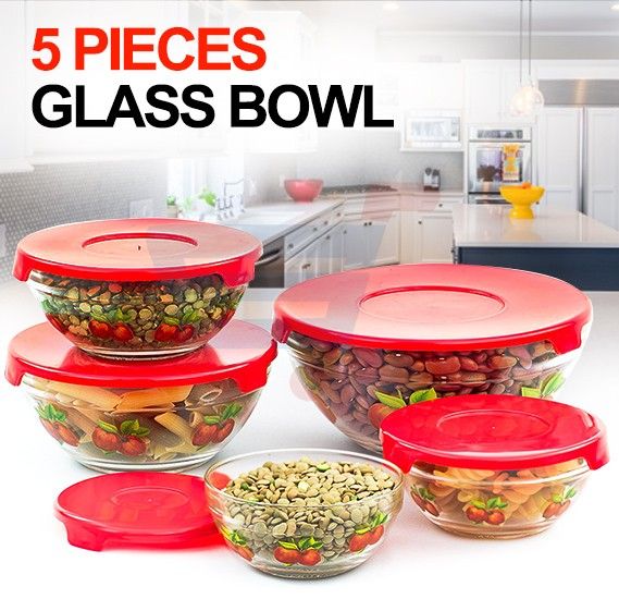 5 Pcs Glass Bowl Set With Plastic Lids Food Storage Serving - Microwave Safe
